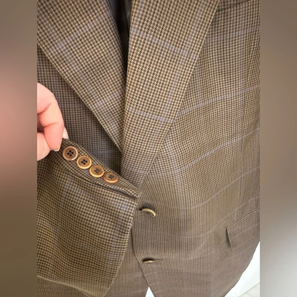 Vintage Burberry Brown Blue Houndstooth Plaid Blazer Sport Coat Men’s 46 Long